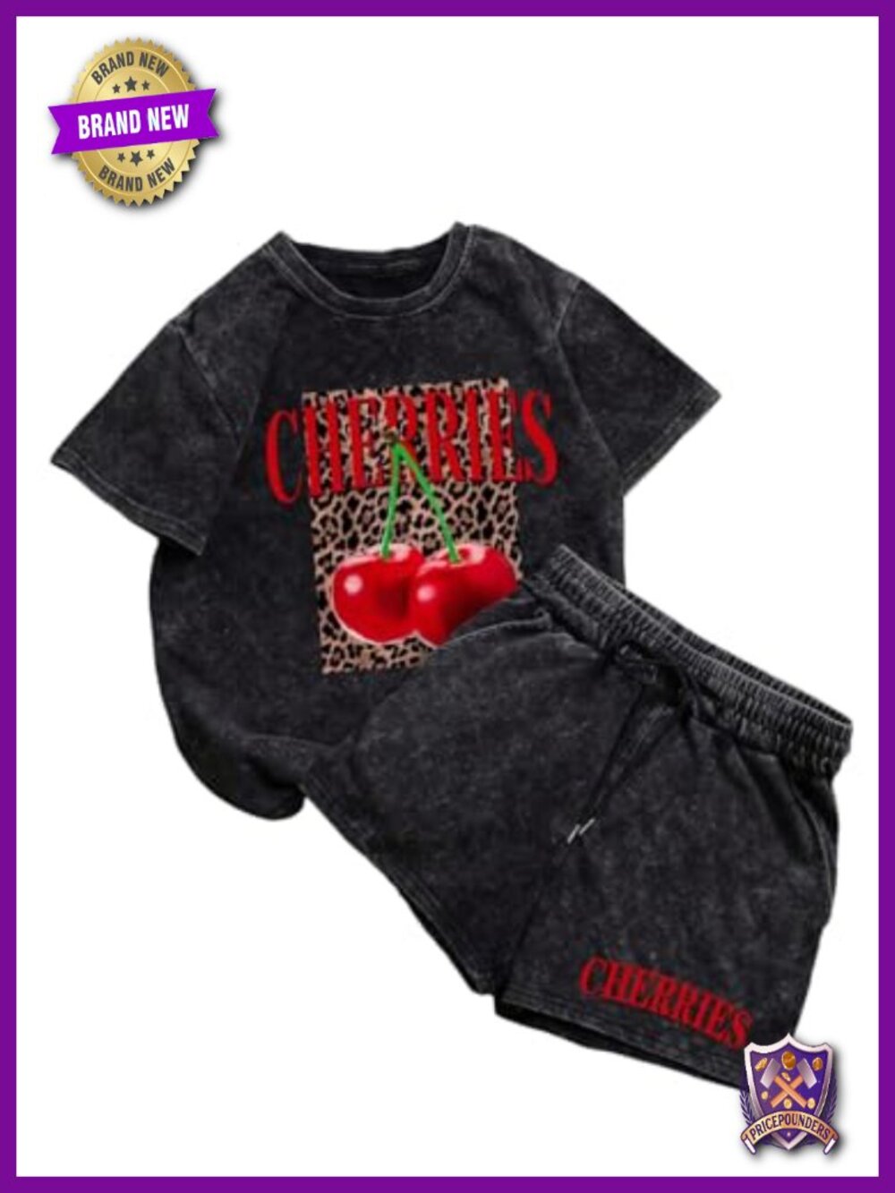 Women's 2 Piece Short Set Leopard Cherry Print Tee and Shorts